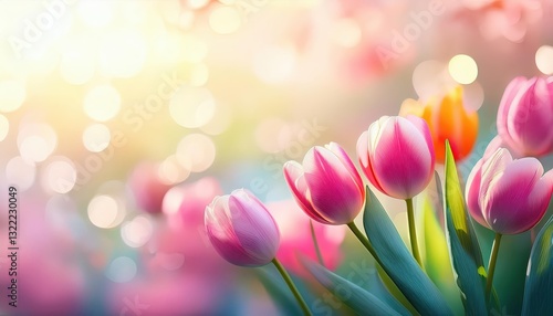 Stunning Spring Bloom Pastel Bokeh Closeup of a Blossoming Tulip on a Vibrant Canvas, Depicting the Joy and Fragility of Life in a 3D Generative AI Artwork. photo