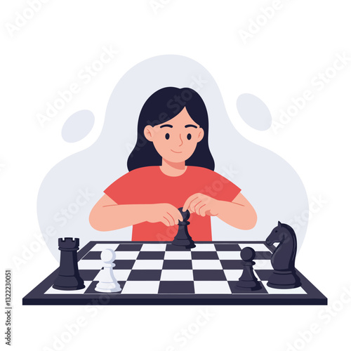 Young girl concentrating on chess game in minimal flat design vector illustration
