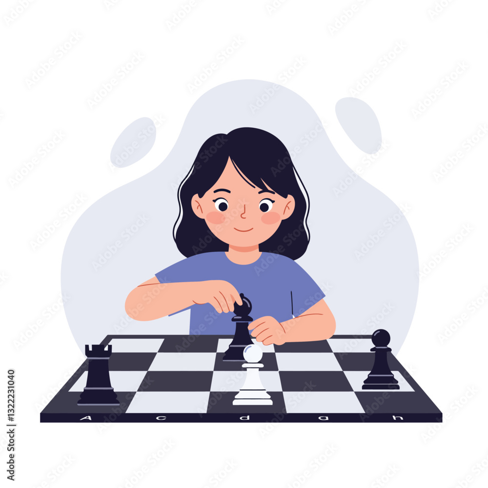 Young girl playing chess thoughtfully in flat, minimal vector art Young girl playing chess thoughtfully in flat, minimal vector art