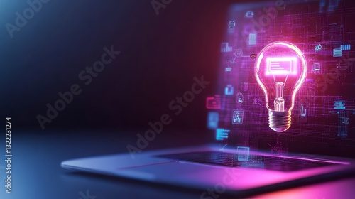 Digital lightbulb emerging from laptop screen, glowing pink and purple, dark background. Innovative technology concept