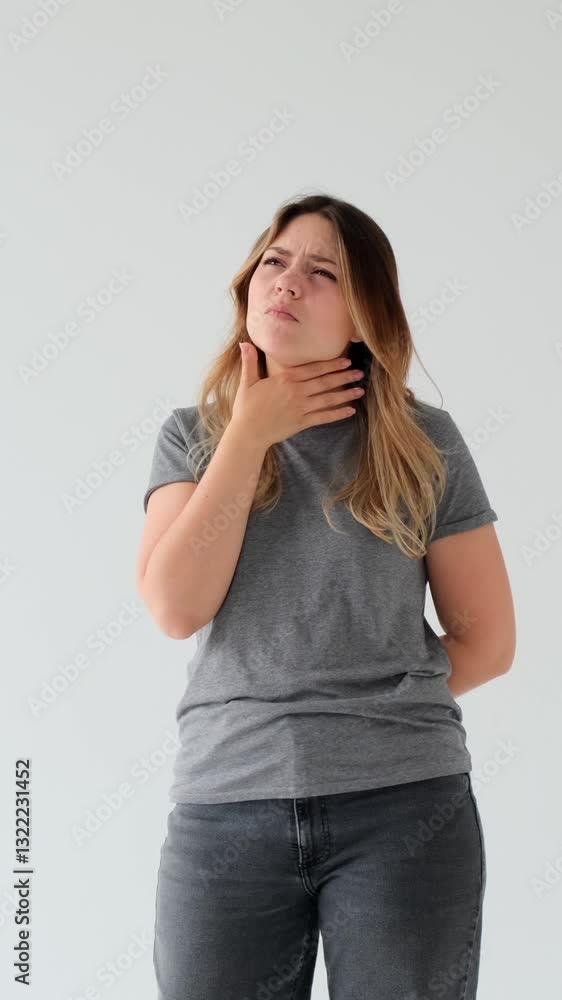 Serious and strong woman in doubt analyzing options and brainstorming on white background. Concept of a contemplation or dream. Vertical video. Serious and strong woman in doubt analyzing options and brainstorming on white background. Concept of a contemplation or dream. Vertical video.