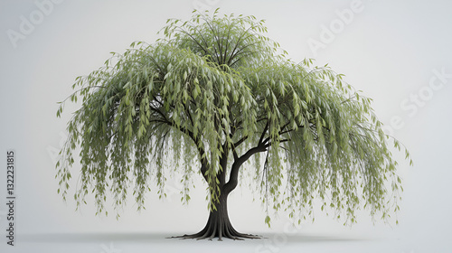 A solitary willow tree with drooping branches, isolated on a white background