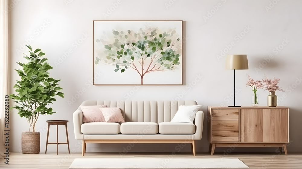 Fototapeta premium A living room with a couch, a coffee table, a lamp, and a potted plant