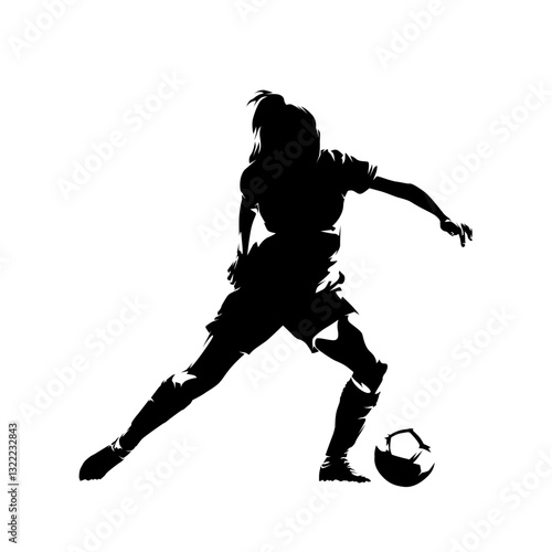Soccer women, female football player with ball, isolated vector silhouette, high contrast illustration, front view