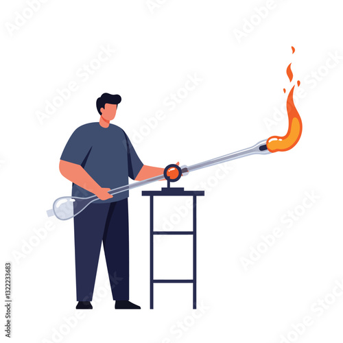 Glassblower shaping molten glass using torch in flat vector illustration