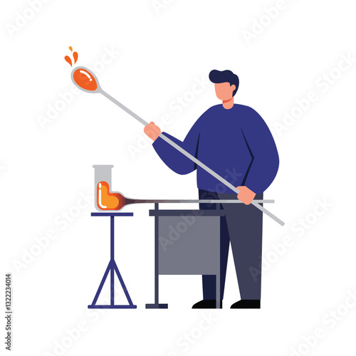 Glassblower shaping molten glass with tools in flat vector illustration