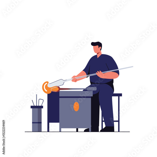 Glassblower shaping molten glass with tools in flat design vector art