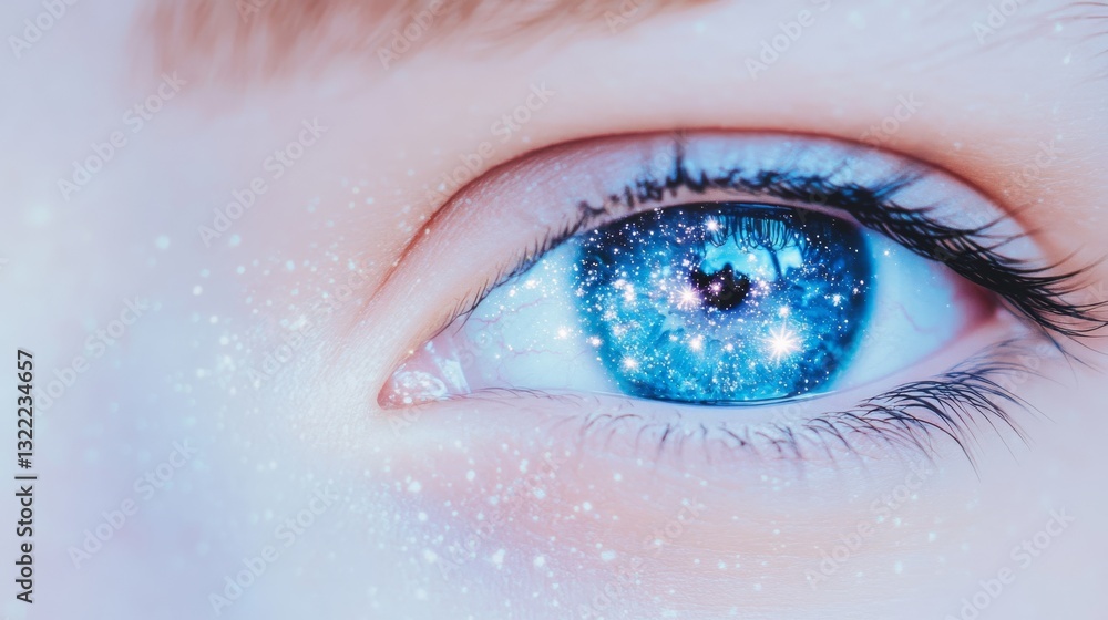 A close-up of a blue eye filled with twinkling stars, merging human beauty with cosmic wonders. A close-up of a blue eye filled with twinkling stars, merging human beauty with cosmic wonders.