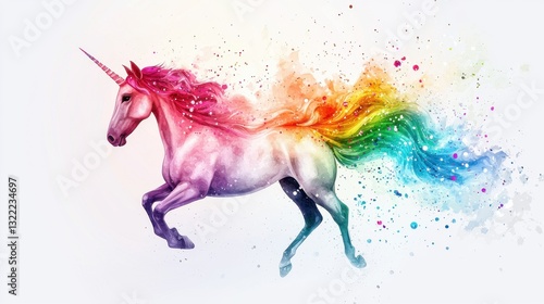 A majestic unicorn gallops energetically across a dynamic background filled with a spectrum of colors. The scene radiates a magical and dreamlike atmosphere, capturing the essence of whimsy