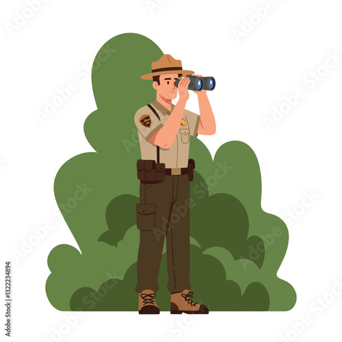 Park ranger observing wildlife with binoculars in a flat vector illustration