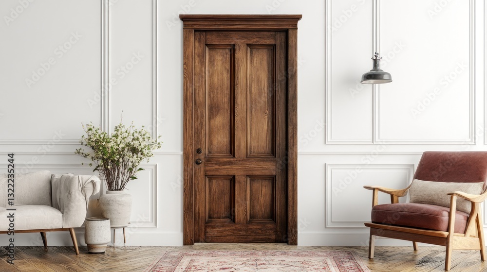 Fototapeta premium Elegant Interior Design: Wooden Door, Armchair and Modern Decor