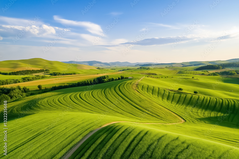 Fototapeta premium Drones soar over a vibrant crop field, gathering essential data for biotechnology research. Rolling hills provide a picturesque backdrop under a clear blue sky
