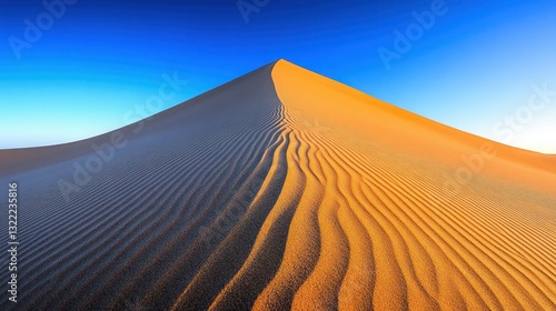 Fototapeta Naklejka Na Ścianę i Meble -  Golden sand dune peak under clear blue sky, texture lines, warm sunlight