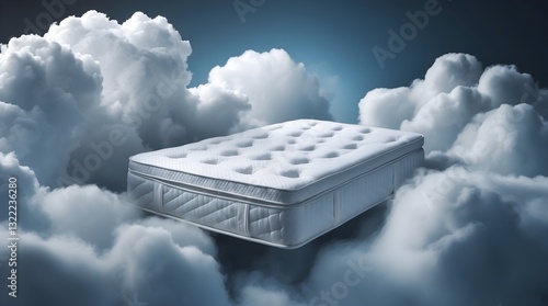 a bed mattress floating on the sky with clouds around, concept of the comfy and soft of sleeping experience, space for copy