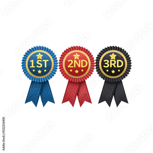 Award Ribbons & Rosettes Vector Set, 1st 2nd 3rd Place Competitive Ranking, Blue Red Black Colors, Bold Numbers, Achievement Symbols, Decorative Circular Designs, Contest Prizes & Celebratory Icons