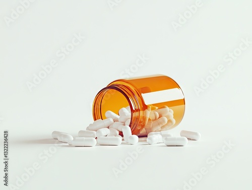 Amber jar of white pills spilled