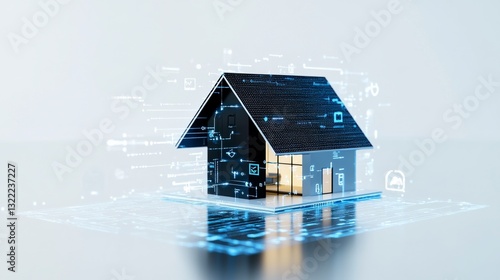 Modern black and white house model with glowing digital data streams surrounding it, reflecting on a glossy surface against a bright background
