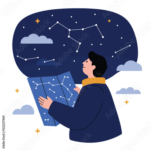 Person gazing at star map in night sky, flat vector illustration