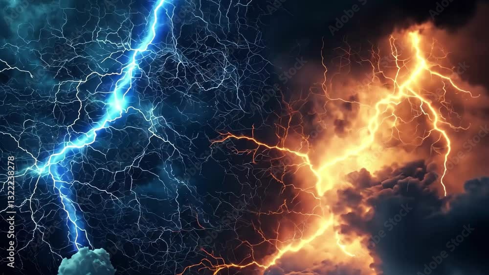 Dynamic network of connections depicted over a stormy sky with contrasting blue and orange lightning, network of connections with icons over storm Dynamic network of connections depicted over a stormy sky with contrasting blue and orange lightning, network of connections with icons over storm