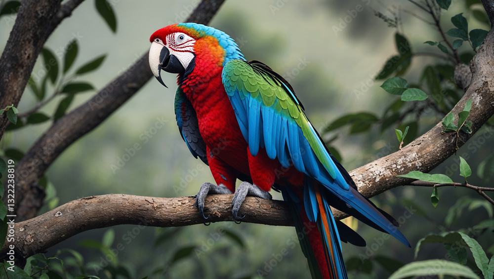 Obraz premium Colorful Macaw Perched on a Branch in a Lush Forest