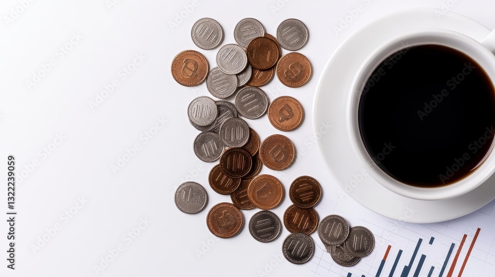 Obraz premium Overhead shot of coffee cup, coins, and financial charts on white background. Image depicts financial planning or business concepts