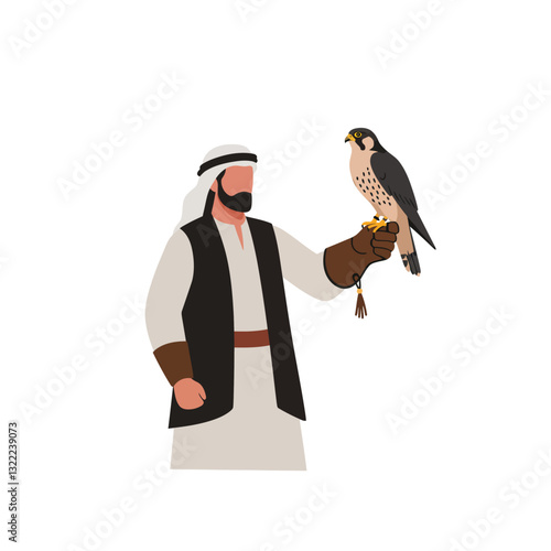 Falconry scene featuring a man in traditional attire with a falcon in flat vector art
