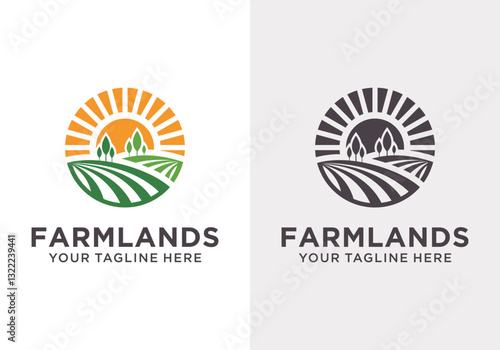 Farmland logo template. Rural landscape and plantation vector design. Farming illustration logo vector design