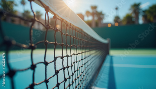 Tennis net in vibrant sunlight at Indian Wells Masters tournament, with a clear background