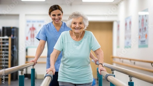 Physical therapy improves mobility and supports joint health. Cheerful elderly woman walking with assistance in a rehabilitation setting.