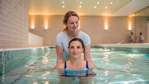 Physical therapy improves mobility and supports joint health. Relaxing water therapy session with an instructor and client.