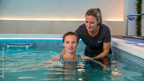 Physical therapy improves mobility and supports joint health. Therapeutic swim session with instructor and participant in a pool. photo