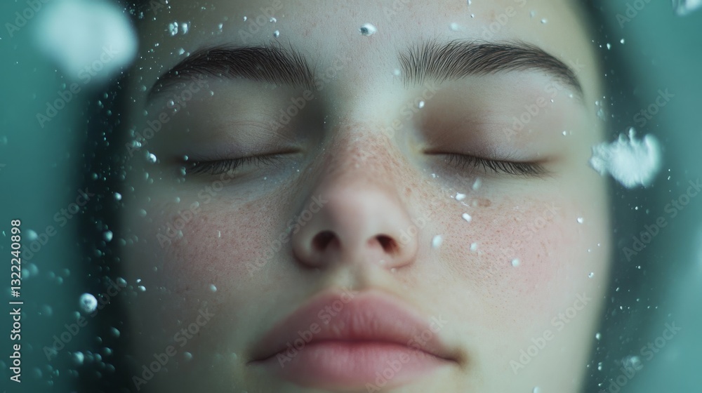 A serene face submerged in water with closed eyes and soft bubbles, reflecting a moment of peace and introspection in a tranquil setting. A serene face submerged in water with closed eyes and soft bubbles, reflecting a moment of peace and introspection in a tranquil setting.