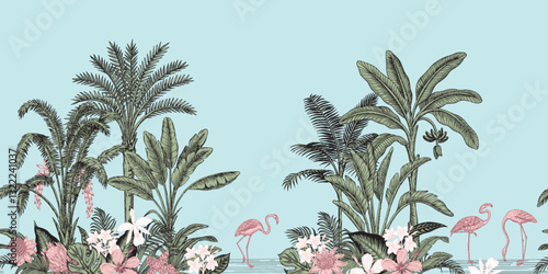 Jungle island toile seamless border. Tropical palm tree, banana, orchid, hibiscus flower, palm leaves, pink flamingo wallpaper.