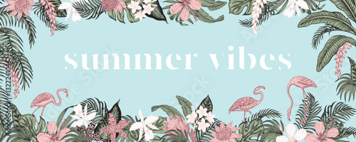 Tropical toile pink flamingo, hibiscus, orchid flower, palm trees, banana, green palm leaves botanical frame blue background. Jungle landscape mural.
