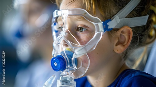 Little girl in hospital receiving treatment with nebulizer and oxygen mask for respiratory illness