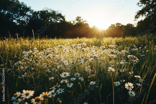 Green summer meadow with blooming dandelions and daisies under a blue sky
