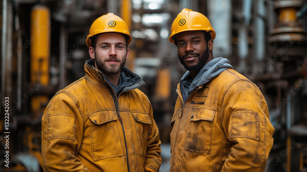 Two engineers stand proudly in industrial attire, highlighting their expertise and commitment to safety. The background features construction equipment and structures, emphasizing teamwork Two engineers stand proudly in industrial attire, highlighting their expertise and commitment to safety. The background features construction equipment and structures, emphasizing teamwork