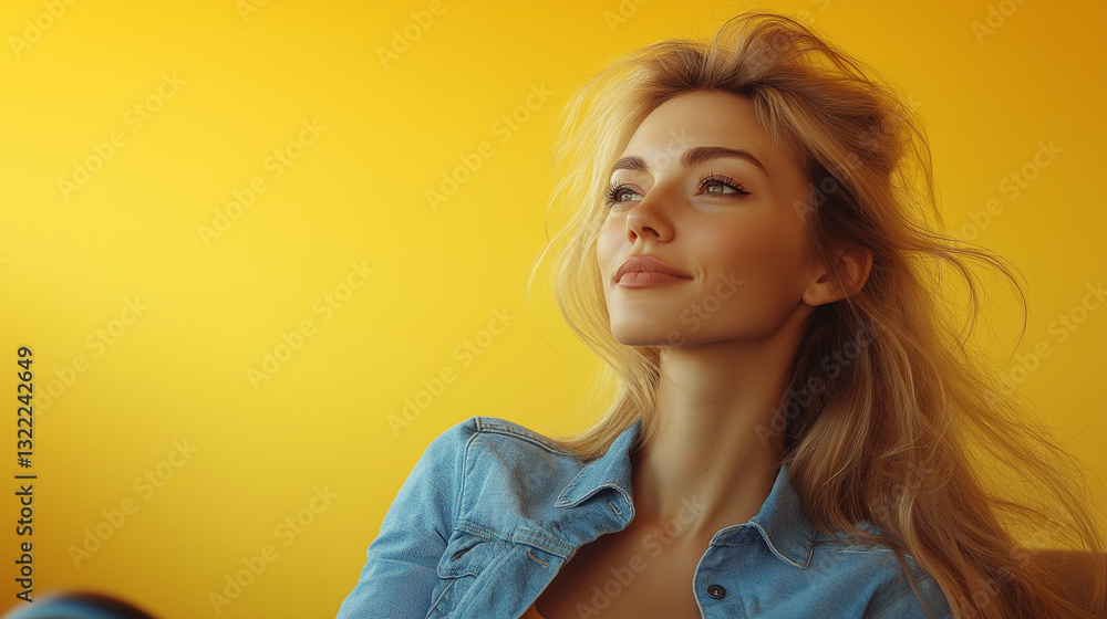 Fototapeta premium A pretty and funny lady poses confidently against a bright yellow wall. Her relaxed demeanor and joyful expression convey a carefree moment filled with positivity and charm