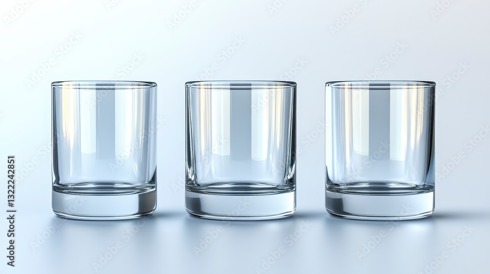 Three empty cylindrical glasses on a light gray background. The glasses are transparent and reflect light. Studio shot with neutral lighting Three empty cylindrical glasses on a light gray background. The glasses are transparent and reflect light. Studio shot with neutral lighting