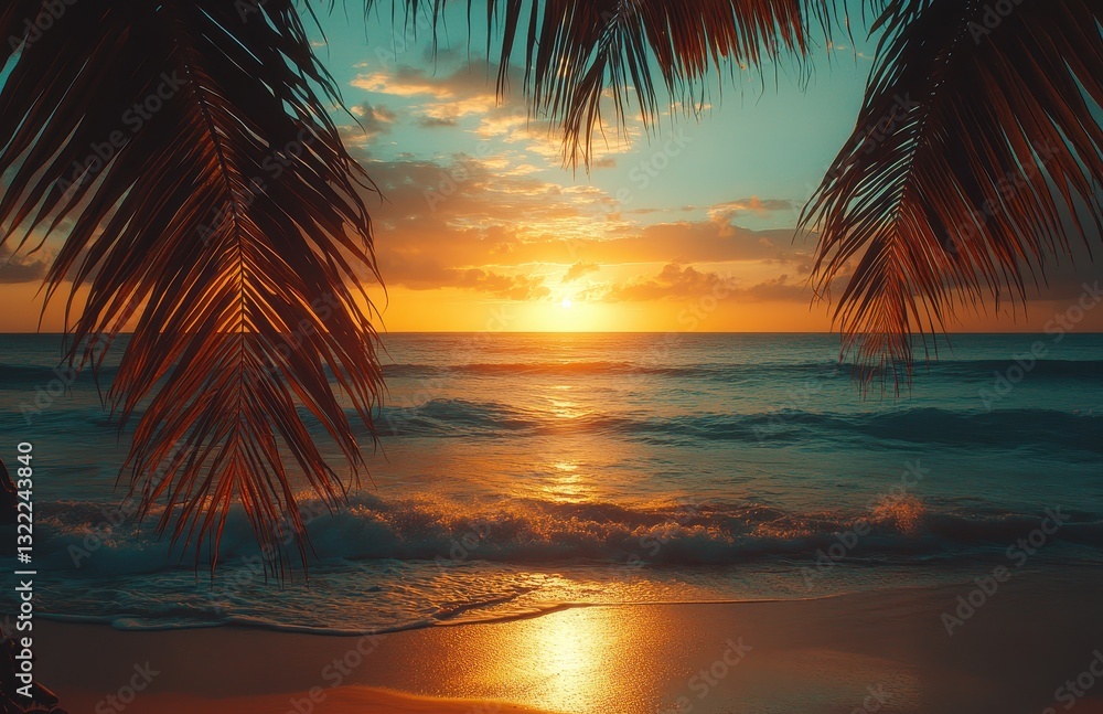 Fototapeta premium Stunning Tropical Sunset Over Calm Ocean Waves with Silhouette of Palm Leaves Framing Serene Beach Scene for Relaxation and Travel Inspiration