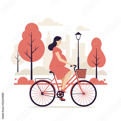 Pregnant woman riding bicycle in flat minimal style vector art
