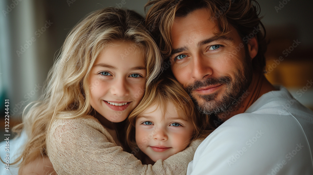 A joyful family shares a warm hug on a bed, creating a tender moment at home. The children radiate happiness while the parent smiles lovingly at them A joyful family shares a warm hug on a bed, creating a tender moment at home. The children radiate happiness while the parent smiles lovingly at them