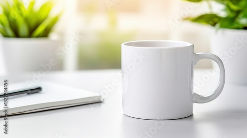 White mug on a table next to a notebook and pen, with plants in the background. Soft, bright lighting