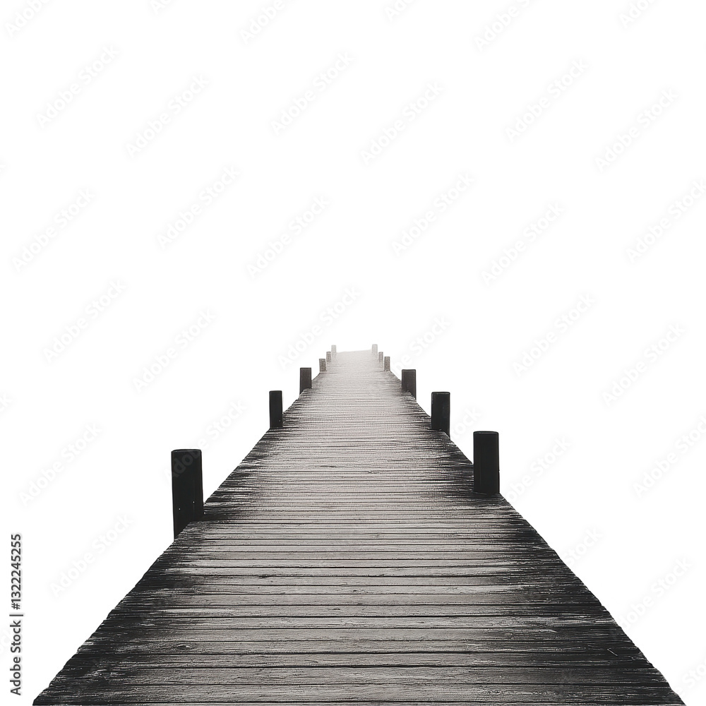 Obraz premium Lonely pier stretches into the fog, creating a serene atmosphere on a calm day, Lonely Pier A Foggy View, Transparent background