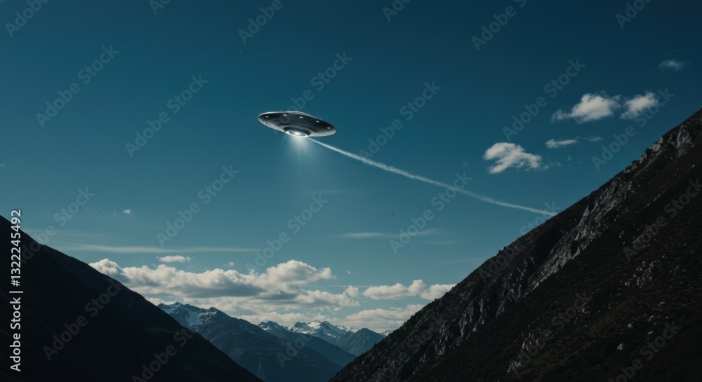 Fototapeta premium Ufo flying over a mountain valley with trail. Alien spaceship entering the atmosphere and traveling at speed for science fiction book cover and poster
