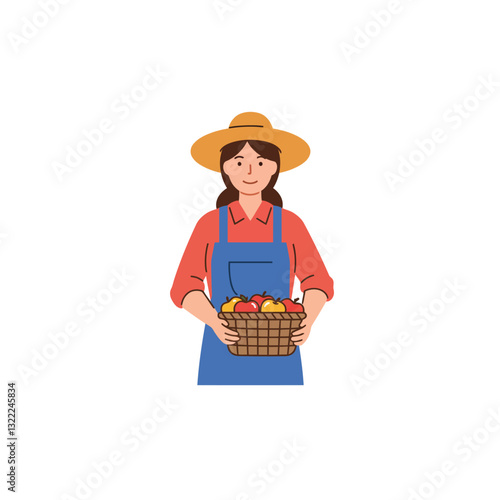 Woman holding a basket of fruits in flat vector illustration style