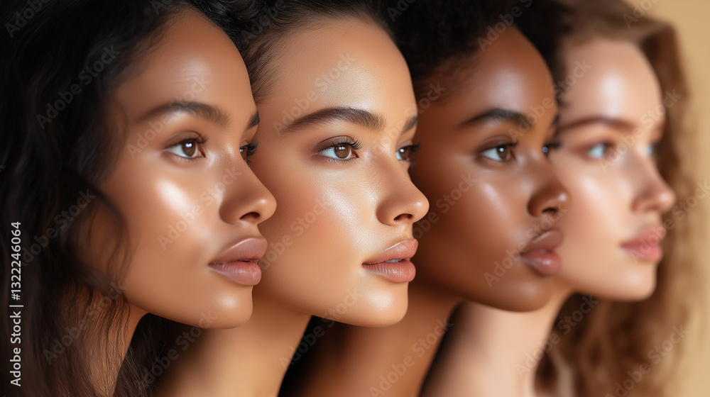 Four women with diverse skin tones and textures stand side by side in a soft-lit studio. Each woman displays natural makeup, highlighting their unique features and celebrating beauty diversity Four women with diverse skin tones and textures stand side by side in a soft-lit studio. Each woman displays natural makeup, highlighting their unique features and celebrating beauty diversity