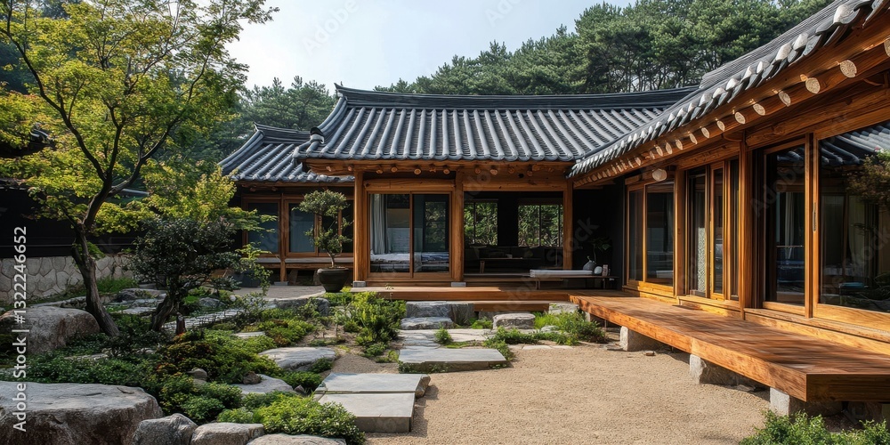 A traditional wooden house with a beautiful asian style garden A traditional wooden house with a beautiful asian style garden