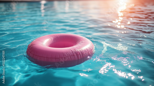Bright sunlight reflects off clear water as a light pink floater drifts gently in a serene swimming pool. This scene captures a peaceful summer day, perfect for relaxation