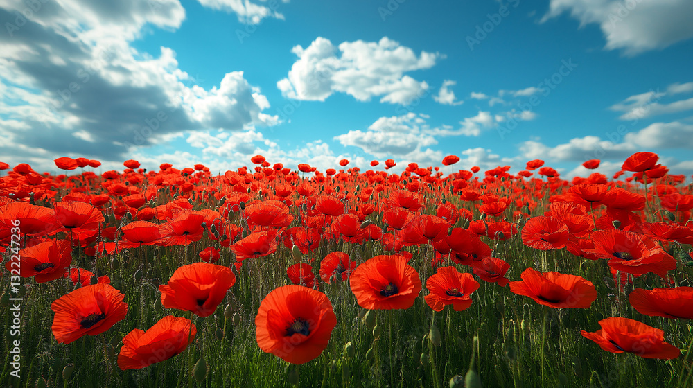 Obraz premium A stunning display of red poppies stretches across a lush green field under a bright blue sky. Fluffy white clouds drift lazily, creating a serene atmosphere filled with color and beauty